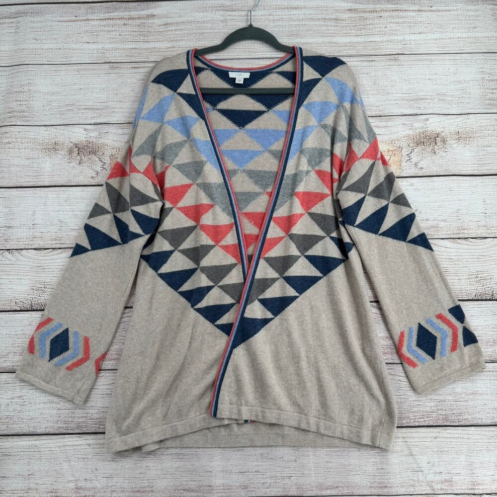 J. Jill Southwest Print Open Front Cardigan‎ Sweater Womens Medium Beige Blue